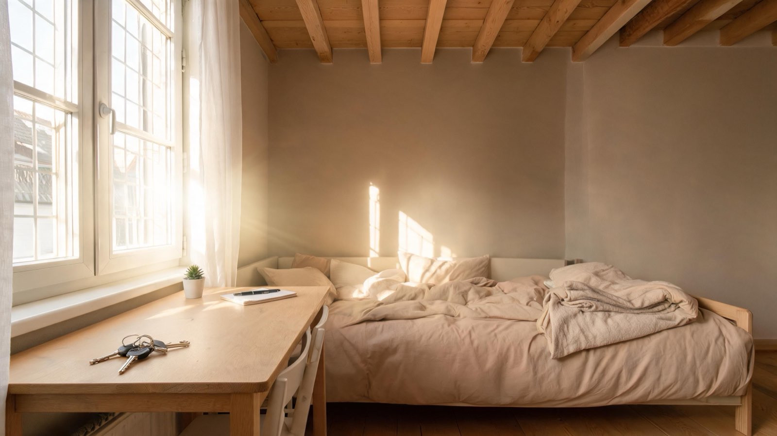 Studentenkamer met bureau en bed in een Nederlands verhuurpand, ter illustratie van kamerverhuur