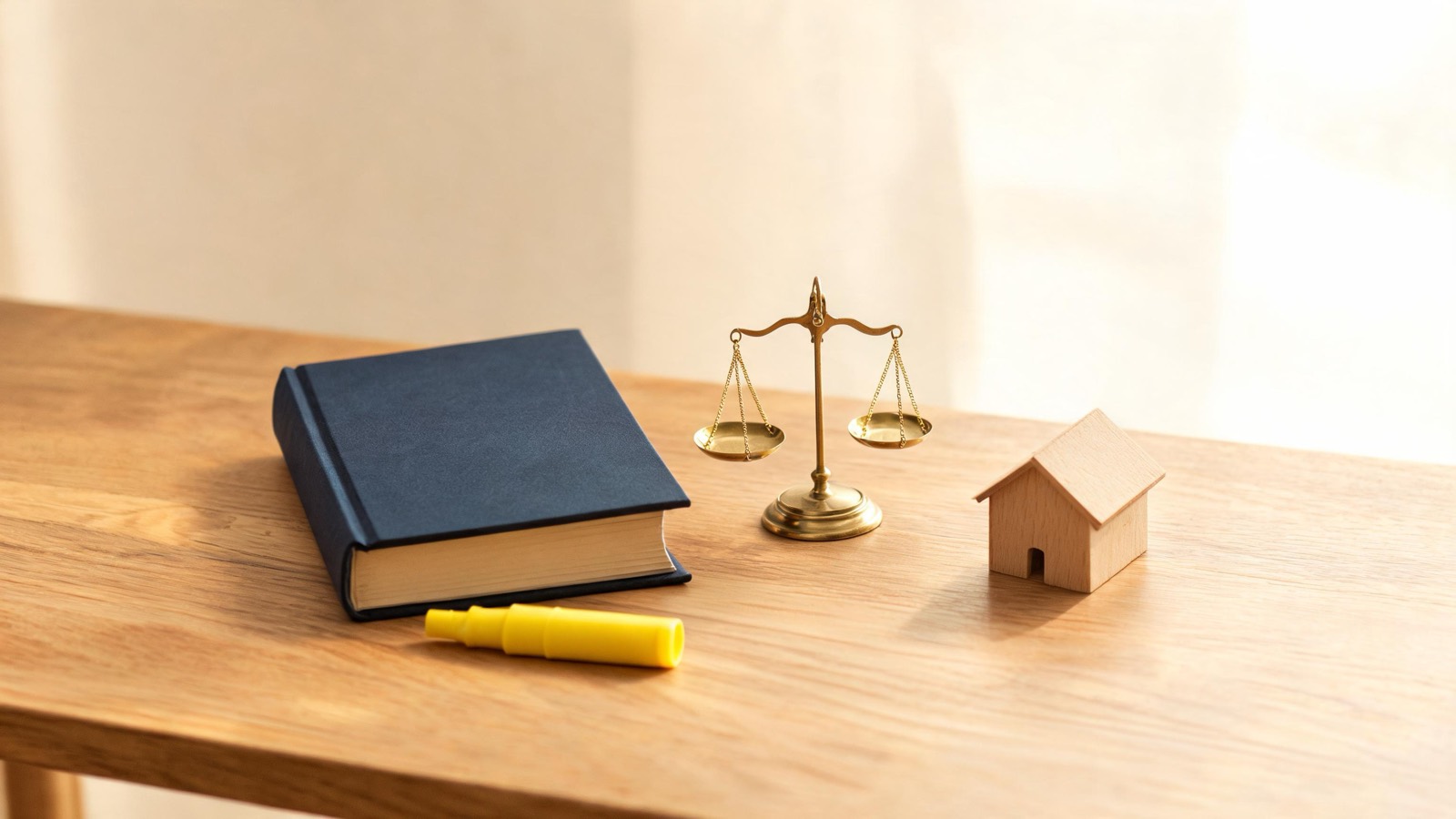 Wetboek en modelwoning op een bureau, ter illustratie van een verweerschrift voor de Huurcommissie